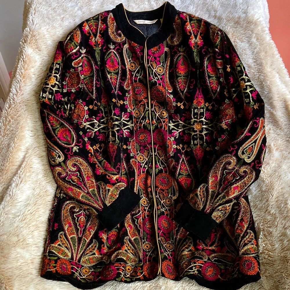 Soft Surroundings Jacket Women’s Black Blazer Velvet Embroidered Boho Tapestry